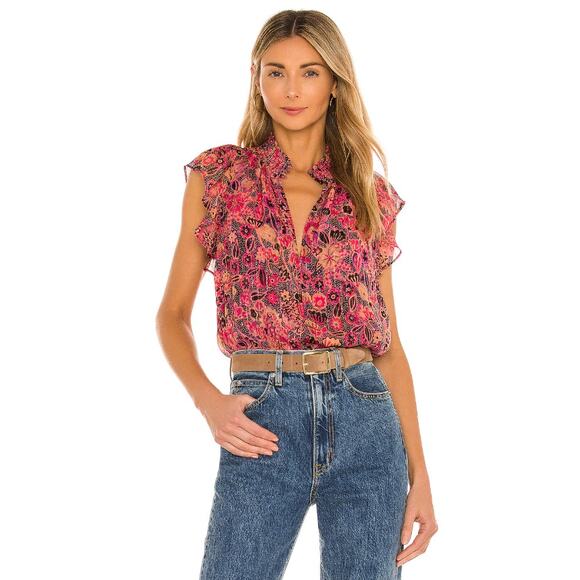 A.L.C. Hayley Pink Floral Metallic Short Flutter Sleeve Silk Top - Picture 1 of 12